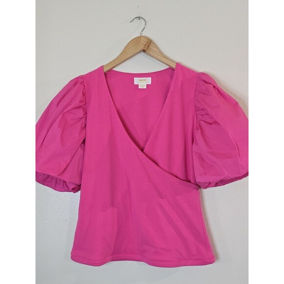 Maeve By Anthropologie Faux Wrap Blouse Pink Puff Sleeve Pullover Size Medium - Picture 4 of 9